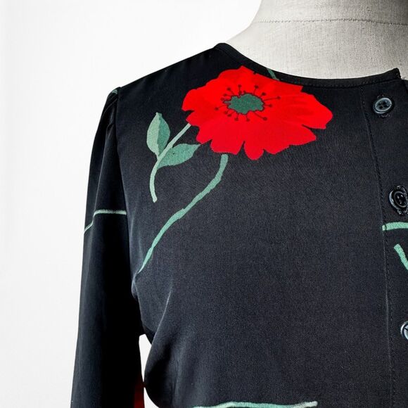 Vintage Y2K Black Long Puffy Sleeve Floral Print Knee Length A-Line Dress Size M - Picture 6 of 7